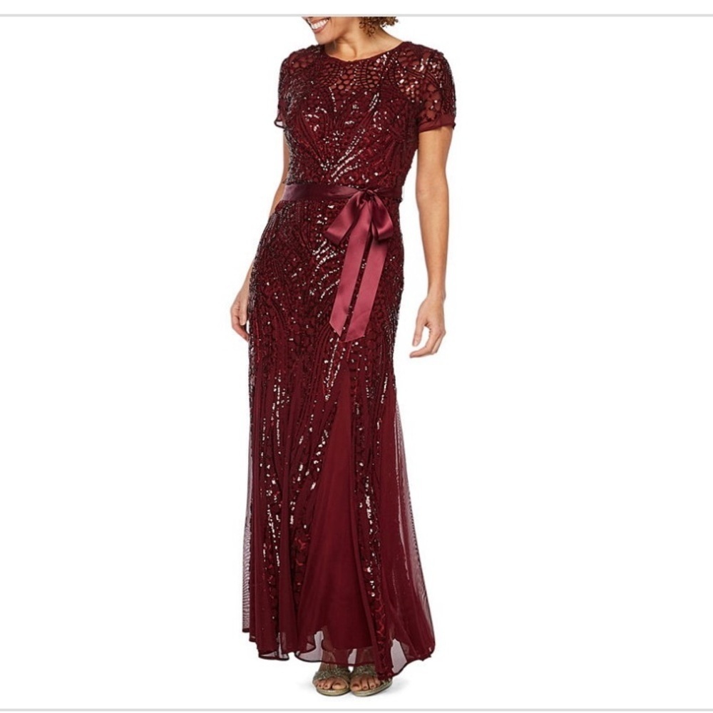 NWT R&M Richards Merlot Sequin Dress Godet